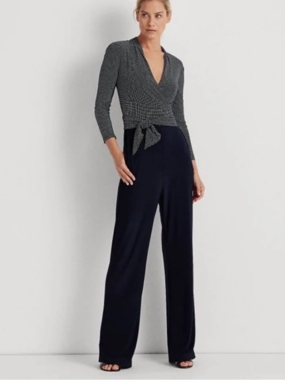 Ralph Lauren Navy and White Polka Dot Wrap Jumpsuit